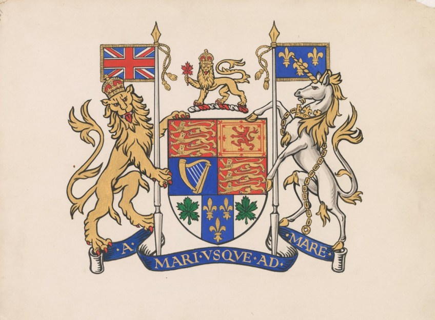 A colour painting of a coat of arms. The shield at the centre is divided into seven sections. The first and fourth sections are red with three gold lions. The second section is gold with a red lion within a fleur-de-lis border. The third section is blue with a gold harp. The fifth and seventh sections are white, and each has a single green maple leaf. The sixth section is blue with three gold fleurs-de-lis. Above the shield is a crest consisting of a crowned gold lion holding a red maple leaf in its right paw. The lion stands on a twisted wreath of red-and-white silk. Below the shield, the motto “A mari usque ad mare” is written on a blue banner. The shield is supported by a lion and a unicorn. The lion holds a lance to which a British flag is attached. The unicorn holds a lance with a blue flag charged with three gold fleurs-de-lis, the banner of pre-Revolutionary France.