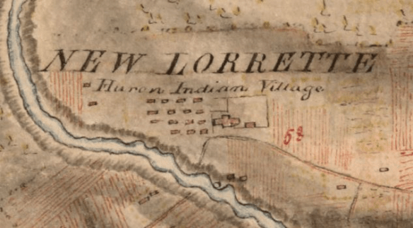 Colour map showing a river and a village with the words “New Lorrette” written at centre, towards the top of the map.
