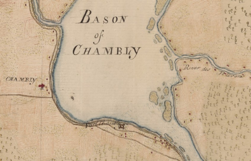 Colour map showing a basin formed where a river widens. An archipelago of about 15 small islands borders the right shore of the basin. The words “Bason of Chambly” are written near the top of the map.