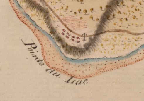 Colour map showing a river, houses, a church, and a road. The words “Pointe du Lac” are written near the bottom of the map.