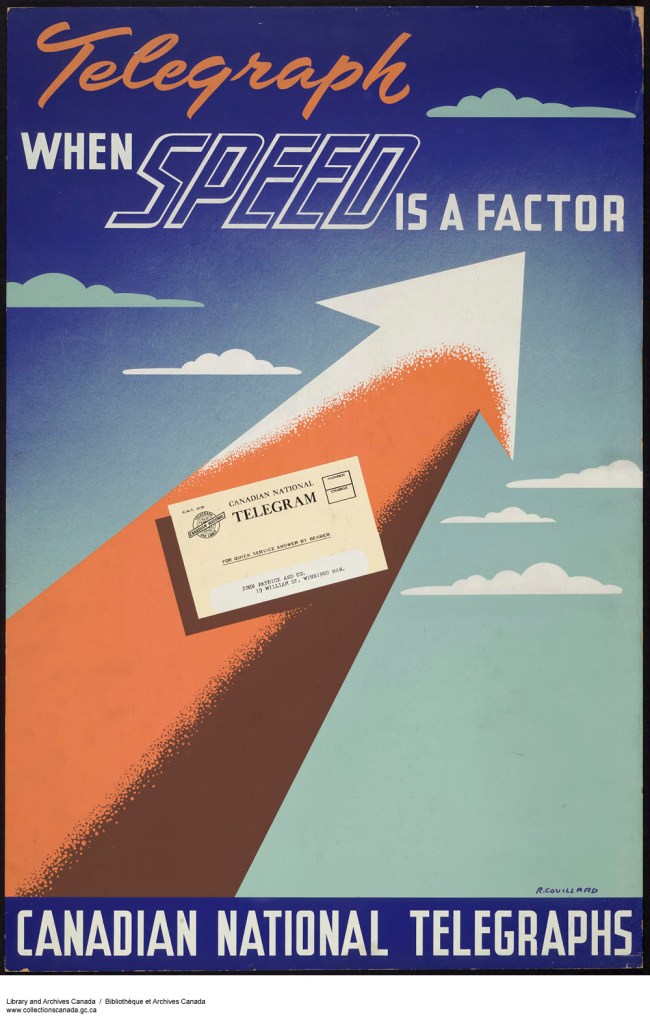 An arrow points to the sky and has a telegram on it.