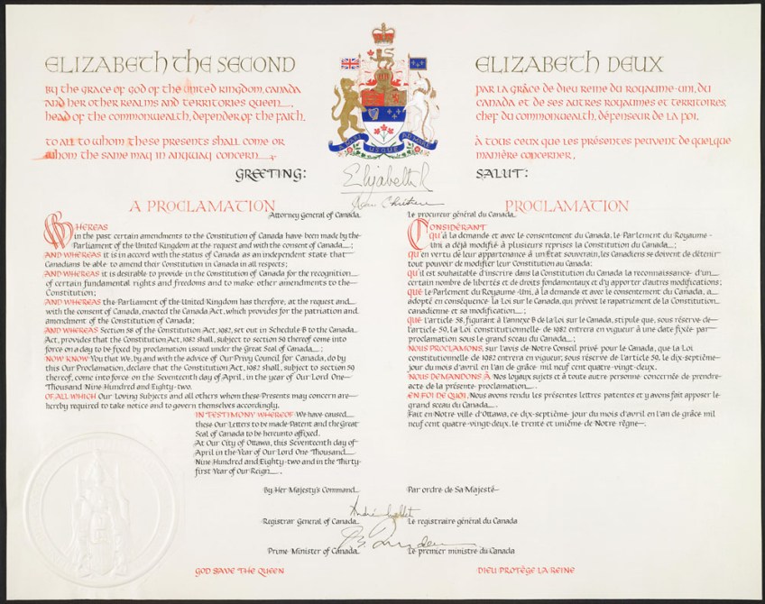 A page of coloured calligraphy. The Canada Coat of Arms and a few signatures are at the top centre, with other signatures at the bottom centre.