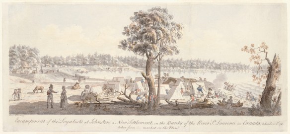 A group of people, with tents and animals, by a body of water.