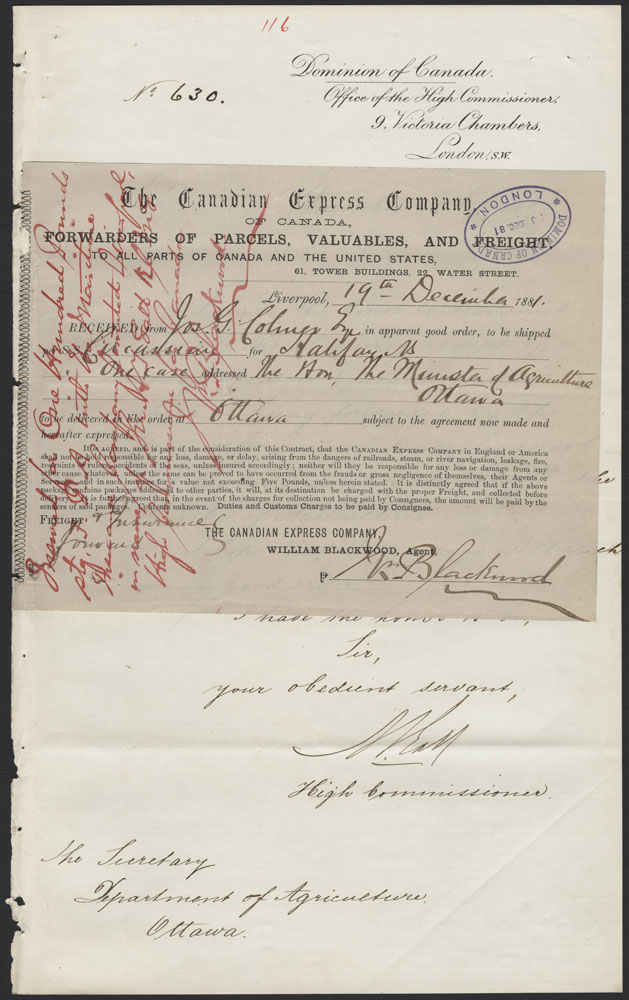 A typed and handwritten form, signed by William Blackwood. There is a stamp in the right-hand corner, and writing in red over the left side of the page.