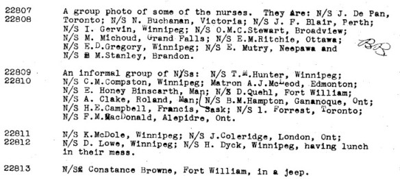 Typewritten negative numbers on the left with corresponding captions, including the names of nursing sisters, on the right.