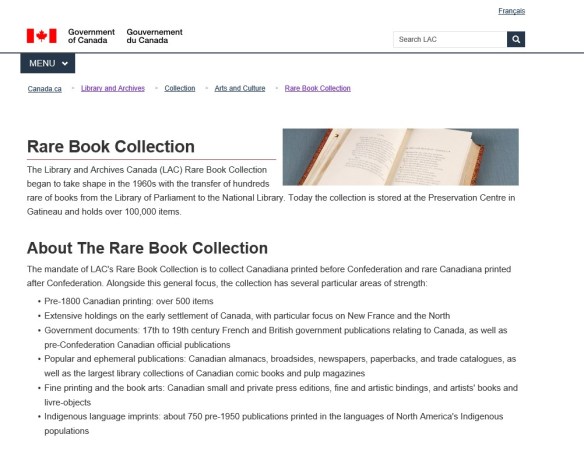 Screenshot of the Rare Book Collection webpage on the LAC website.