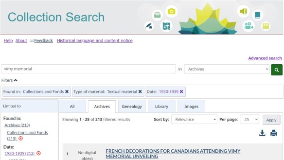 A screenshot of Collection Search on the Library and Archives Canada website, using the search term “vimy memorial.”