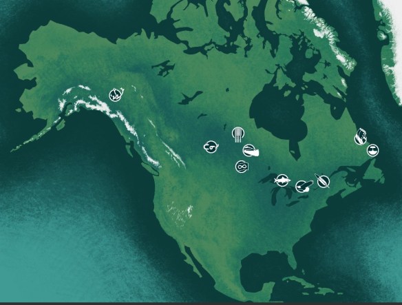 A map of North America with symbols placed across Canada. 