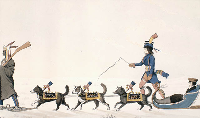 Coloured lithograph of two men walking and one man seated in a cariole pulled by three dogs.