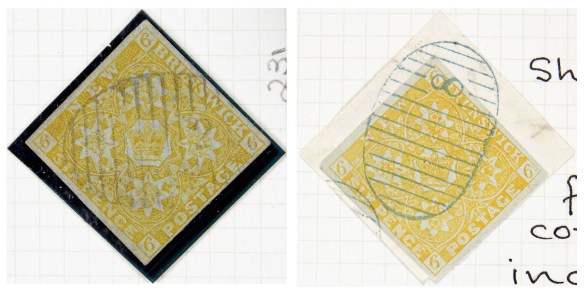 Two yellow stamps placed diagonally on a page. They both have a blue ink stamp.