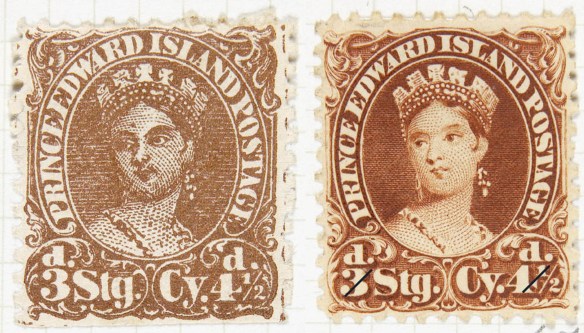 A counterfeit beside a genuine Prince Edward Island Postage stamp, each with a portrait of Queen Victoria.