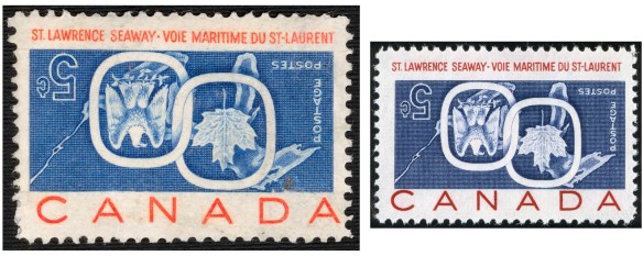A counterfeit beside a genuine five-cent Canada Postage stamp, each with the St. Lawrence Seaway inverted centre error, including a maple leaf and an eagle.