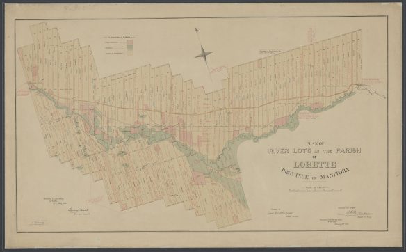 A map in colour showing numbered farming lots along a river, with the names of individuals.