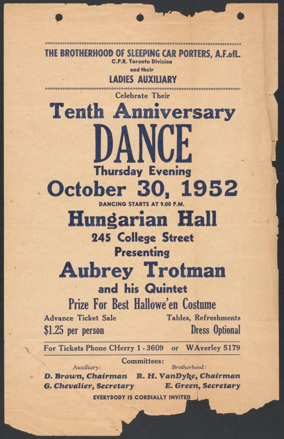 Poster advertising the tenth anniversary dance of the Toronto Division of The Brotherhood of Sleeping Car Porters and their Ladies Auxiliary. 