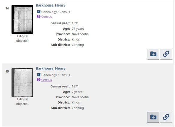 Screenshot of Census Search results saved in MyResearch.