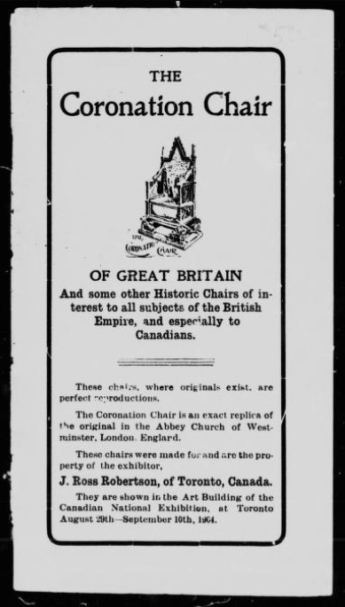 A page from a catalogue featuring a drawing of the Coronation Chair of Great Britain.