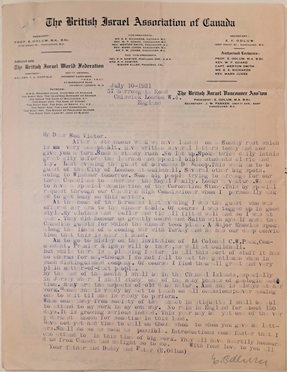 Letter with the header “The British Israel Association of Canada,” written by Edward Odlum to his son, Victor Wentworth Odlum.