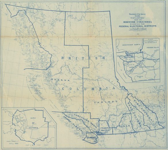 A map depicting federal electoral districts in British Columbia. The boundaries are indicated by thick blue lines, and the names are indicated in blue type. The map was prepared on a base map of British Columbia featuring mountain ranges, rivers and cities. Additional detail is provided in two inset outline maps, for Vancouver and district, and for the City of Victoria.