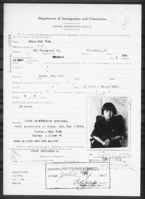 A black-and-white typeset form with typewritten text and handwritten authorizations. The form includes a portrait photograph of a young girl sitting in a chair.