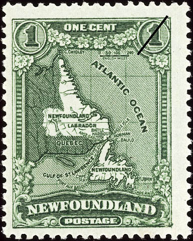 Green and white one-cent Newfoundland postage stamp.