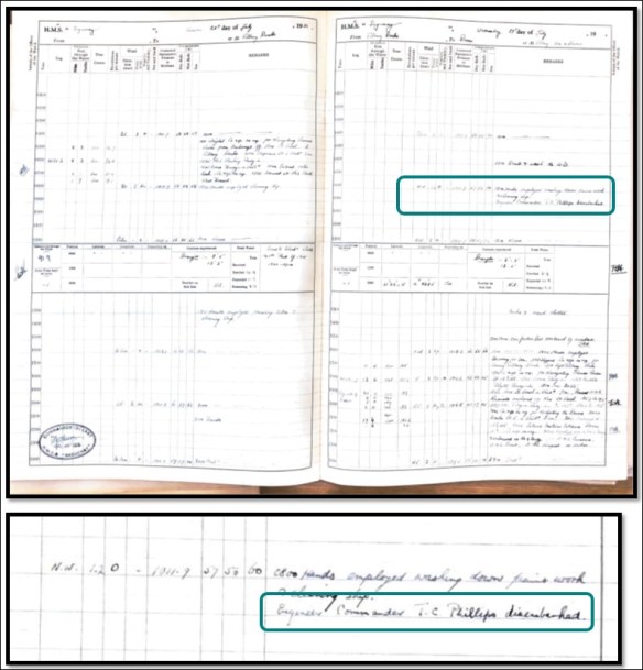 A handwritten logbook for the HMCS SAGUENAY, dated July 29, 1936. The excerpt reads: “Engineer Commander T.C. Phillips disembarked.”