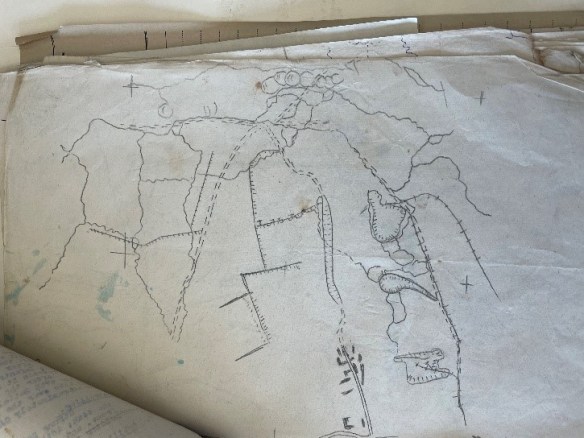 Hand-drawn map of German trenches after a raid before the Battle of Vimy Ridge.