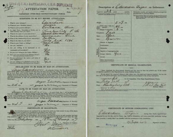 Two pages of the attestation papers of Angus Edwardson.