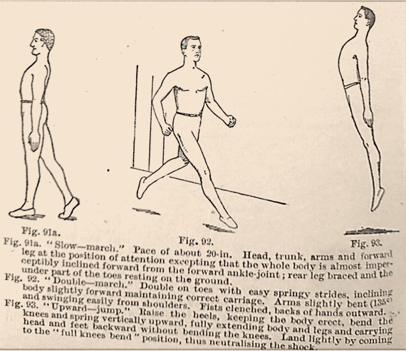 Guide with three figures showing how to slow march, double march and upward jump.