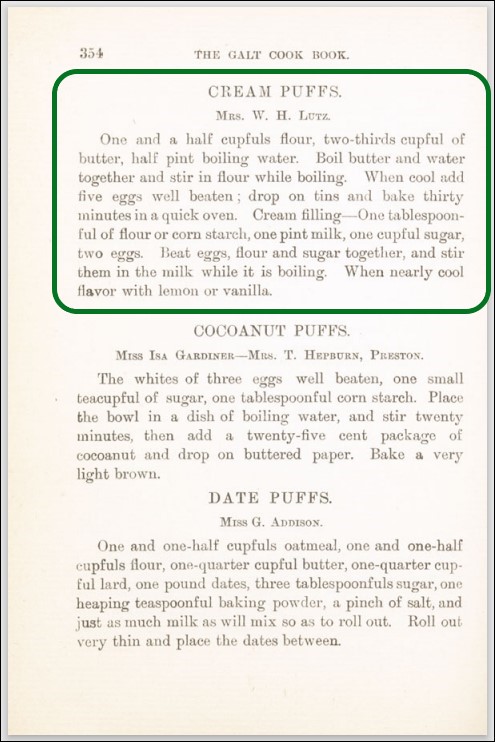 Page from The New Galt Cook Book with the cream puffs recipe followed by two other recipes.