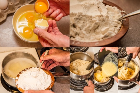Six photos showing the steps in making the dough: breaking eggs in bowl, stirring flour in another bowl, adding flour to boiling water and butter in saucepan, stirring saucepan ingredients, adding beaten eggs to cooled batter in saucepan, and stirring batter in saucepan.