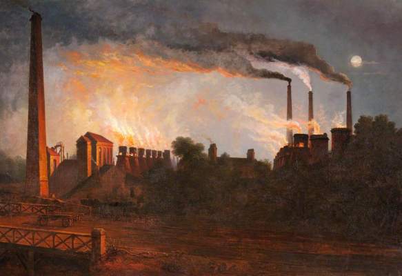 Colour oil painting of an industrial complex in silhouette at night. There is a row of blast furnaces with flames lighting up the night sky on the left. On the right, three tall smokestacks release dark smoke above three chimneys with bright flames.