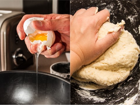 Side-by-side photos of an egg being cracked into a pan and dough being kneaded by hand.