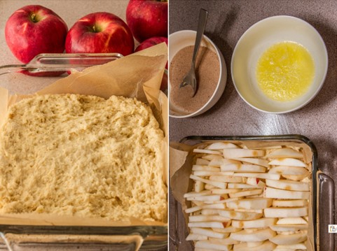 Side-by-side photos of dough in a baking dish lined with parchment paper and the baking dish with slices of apples on top of the dough, with a bowl of melted butter and a bowl of sugar and spice mix next to it.