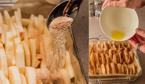 Side-by-side photos of the sugar and spice mix being sprinkled on top of the apple slices and the melted butter being drizzled on top of the apples and the sugar and spice mix.