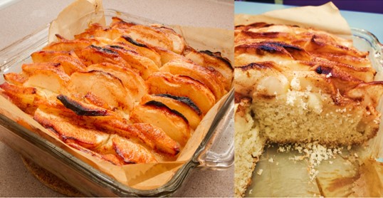 Side-by-side photos of the baked Dutch apple cake and a view of the layers after cutting into the cake.