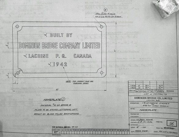 A technical drawing showing dimensions and measurements for a cast-brass nameplate.