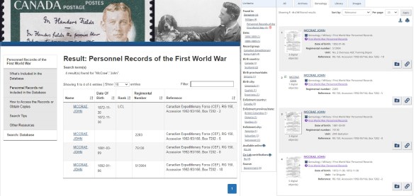 Side by side screenshots of the search results for John McCrae in both databases on Library and Archives Canada’s website.