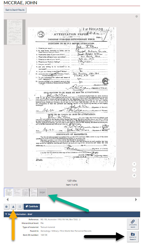 Screenshot of the viewing tool showing the personnel record of John McCrae on Library and Archives Canada’s website with arrows pointing to specific parts of the image.