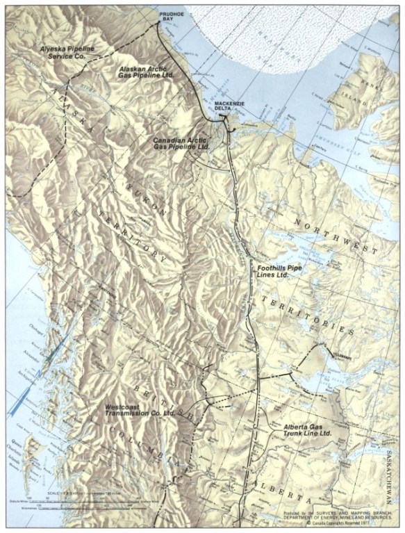 Coloured map of physical land and water features with provincial, territorial and American state names. Pipeline companies’ names and sections affiliated with them are highlighted by solid or black broken lines.