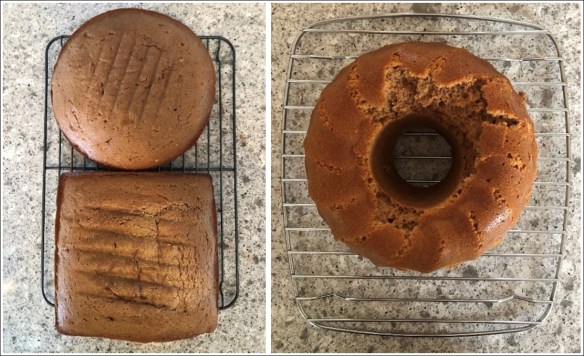 Three cakes on wire cooling racks, all light brown in colouring.