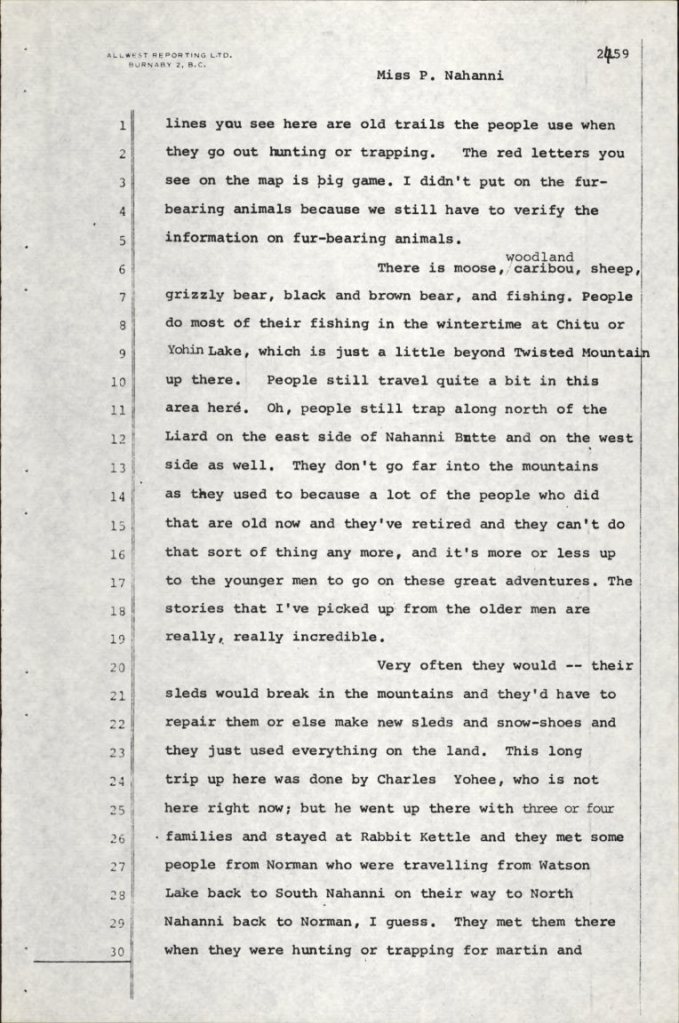 Typed transcript of proceedings regarding the Inquiry of a map, with interpretation by Phoebe Nahanni (map referred to as Exhibit C-184), showing trails for hunting, trapping and travelling. Number 2459 is at top right of page. Each line of typed text numbered from 1 to 30 vertically.