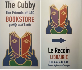 Two images of a book in the shape of a person. The open book is the head, with two hands holding the bottom corners of the cover and back cover. Above one of the images, it says “The Cubby Friends of LAC BOOKSTORE gently used books”. Under the second image, it says “Le Recoin LIBRAIRIE Les Amis de BAC livres légèrement usagés”.