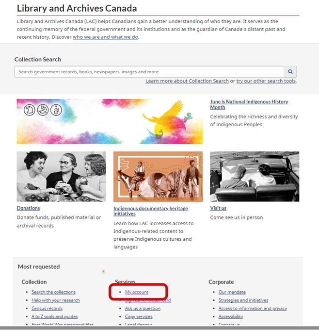 Screenshot of the homepage of the Library and Archives Canada website, with the My account hyperlink circled under the Services column.