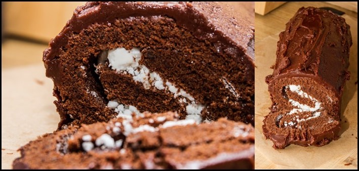 Two side-by-side photos of a cross-section of the snow whirl chocolate roll.