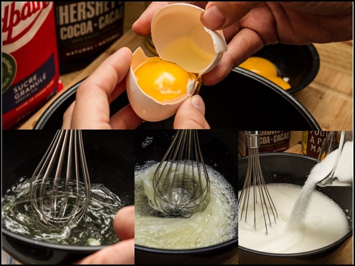 Four photos of the steps to follow to make the snow whirl chocolate roll.