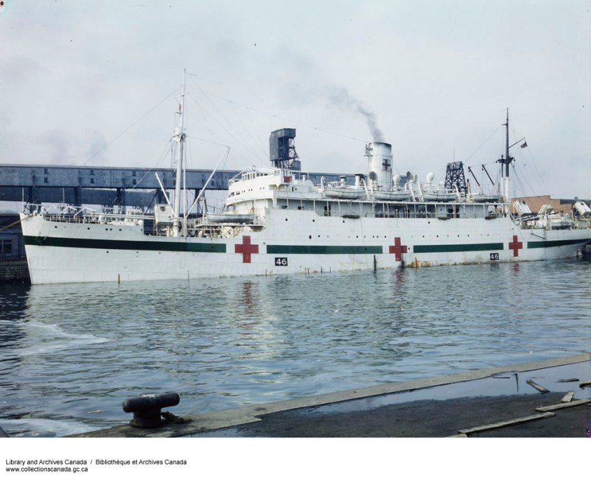 Colour photograph of a hospital ship with a white hull and superstructure and a single funnel, with grey port buildings in the background. A green stripe with three red crosses runs horizontally along the ship’s hull. The number 46 is painted in black rectangles below the green stripe.