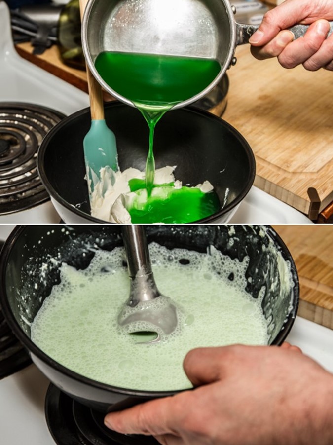 Combine the remaining jello-juice mixture with the cream cheese. Once completely incorporated, leave it in its bowl and put it in the fridge to thicken.
