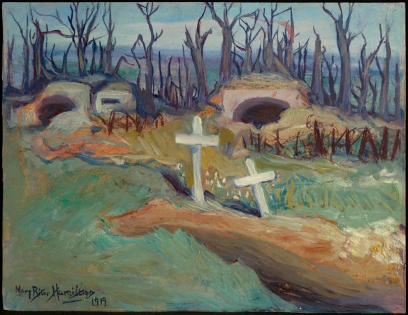 A colour painting of several crosses festooned with flowers in the middle of a gaping stone wall. Behind is a brown structure and the sky is blue with white clouds.