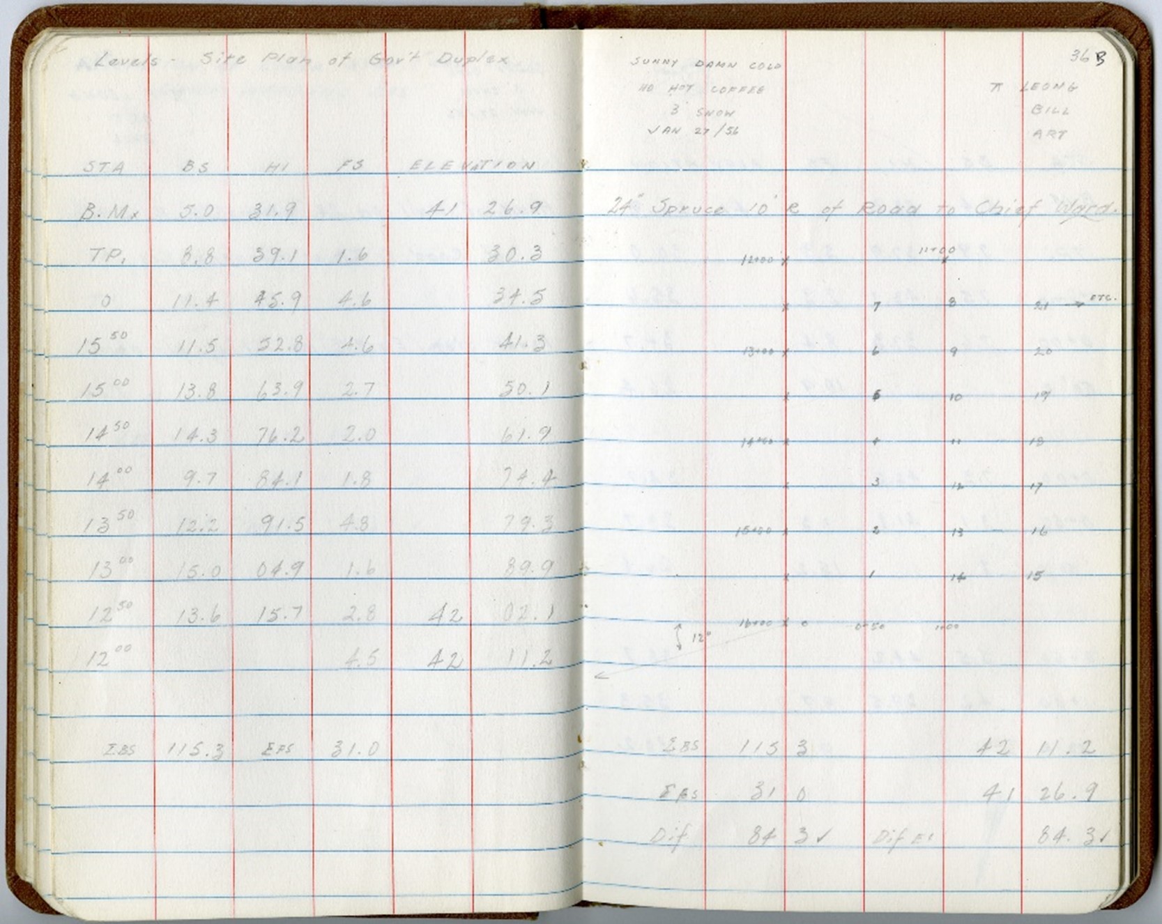 Page with handwritten note: SUNNY DAMN COLD. NO HOT COFFEE. 3” SNOW JAN. 27/56