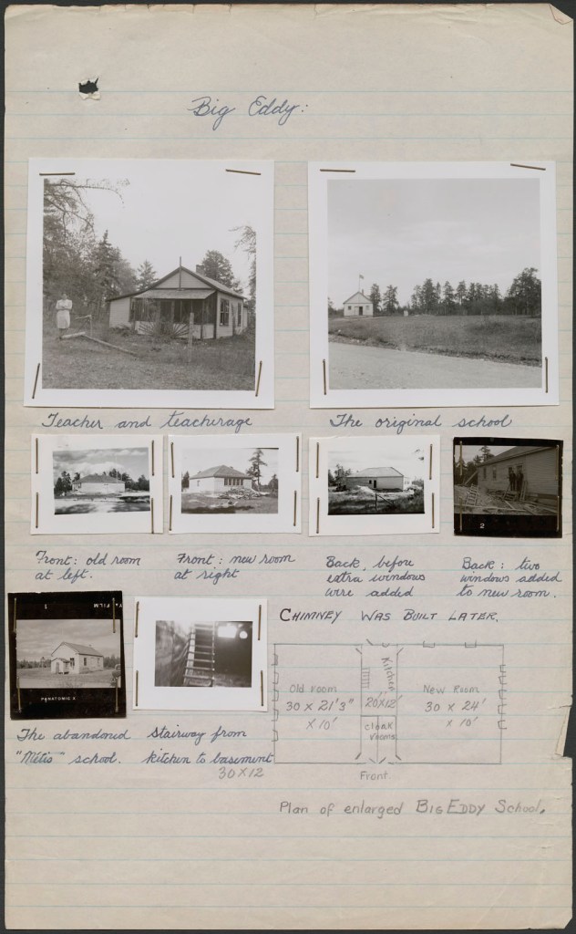 Cream coloured sheet of paper with blue lines with seven black-and-white photographs mounted on three rows, and a hand-drawn architectural plan on the third row. Below each photograph is a handwritten caption in blue ink.